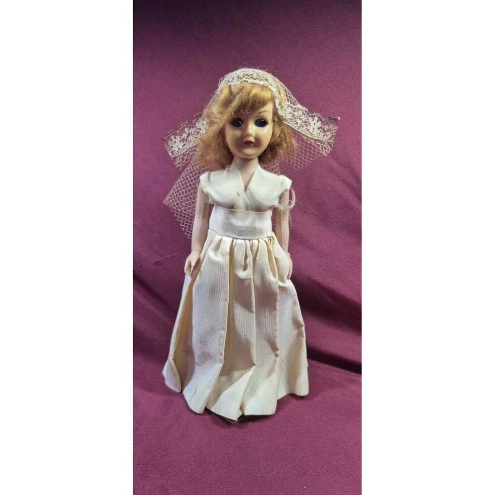 Vintage 1950s Hard Plastic Bride Doll 11" Sleepy Eyes Auburn Hair Satin Gown